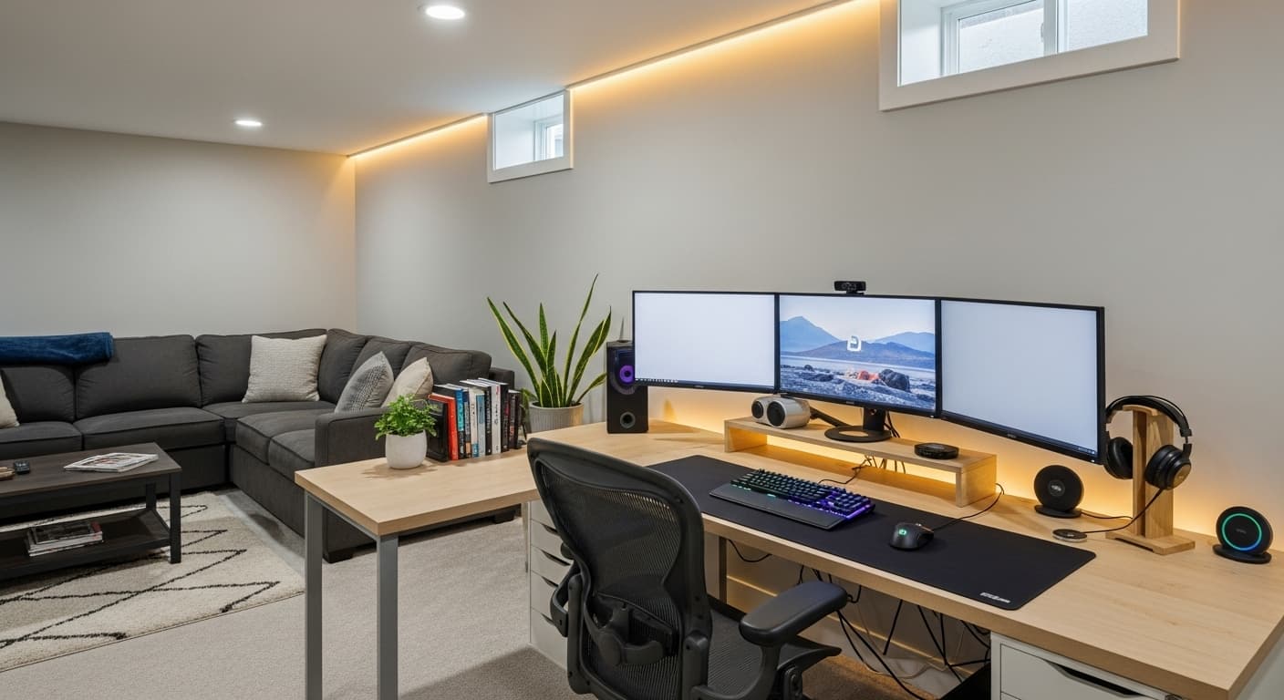 Finished basement office space with modern design and proper lighting