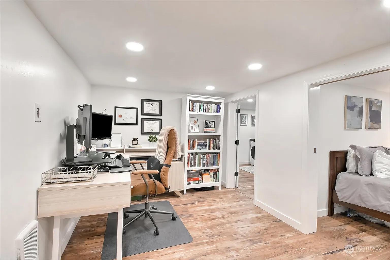 Code-compliant basement remodel office setup Enumclaw WA with proper lighting and egress