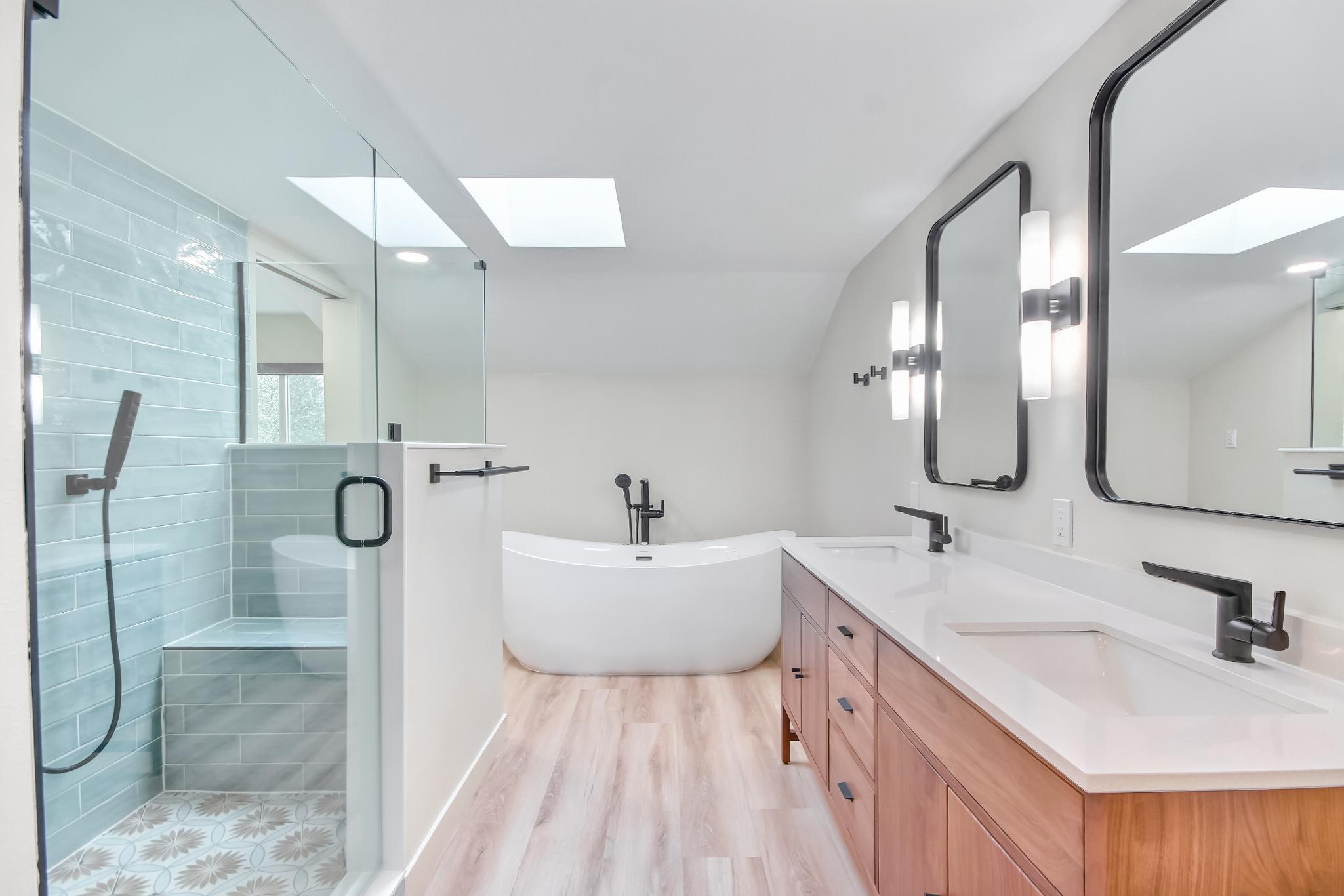 Modern shower replacement with dual sinks bathroom renovation in Enumclaw WA