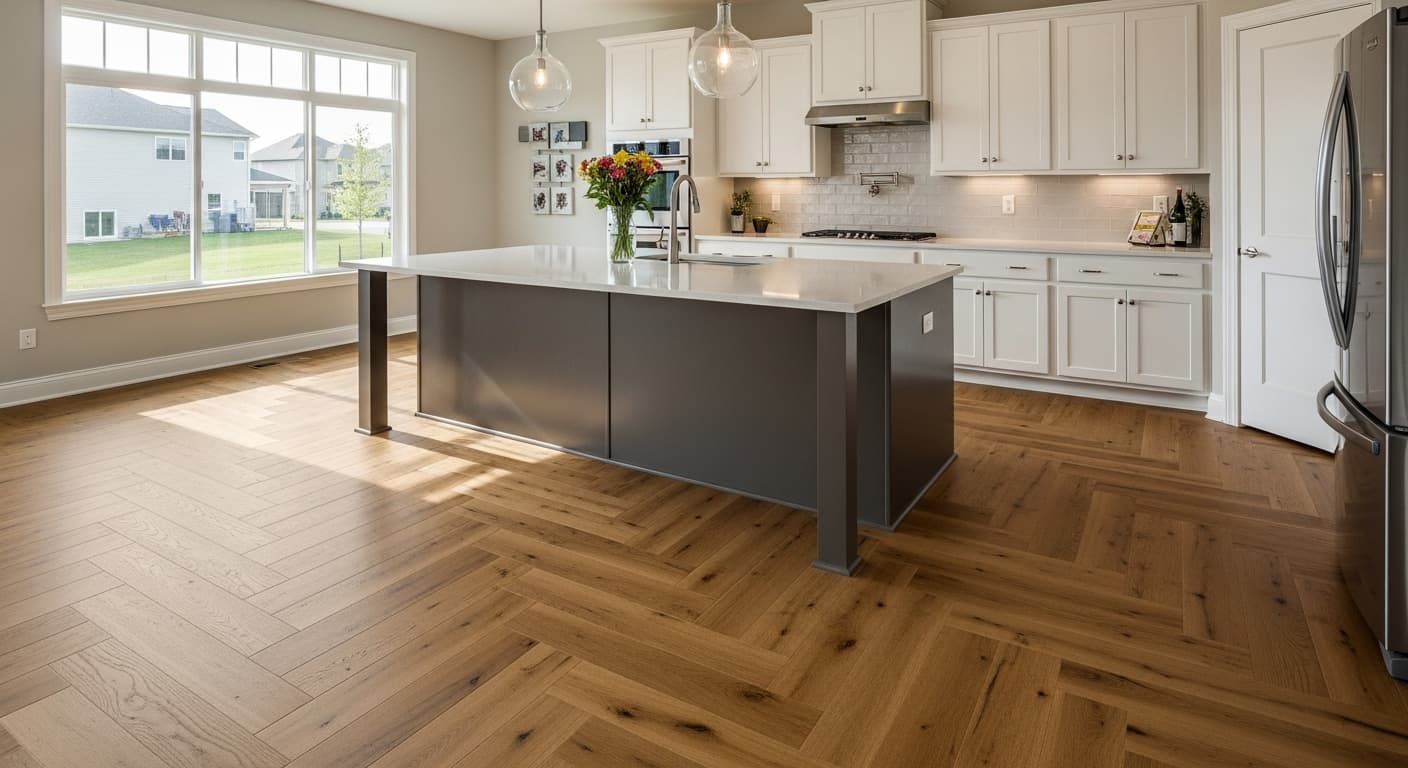 Fishbone pattern hardwood flooring installation in kitchen